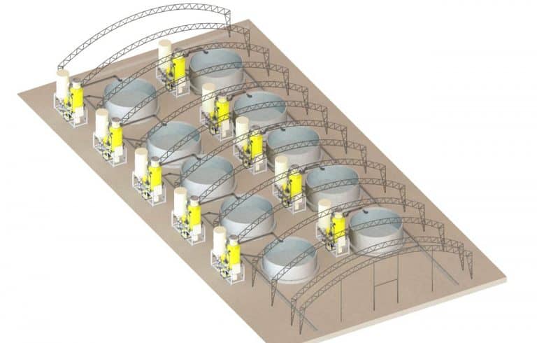 Recirculating aquaculture fish farm rendering